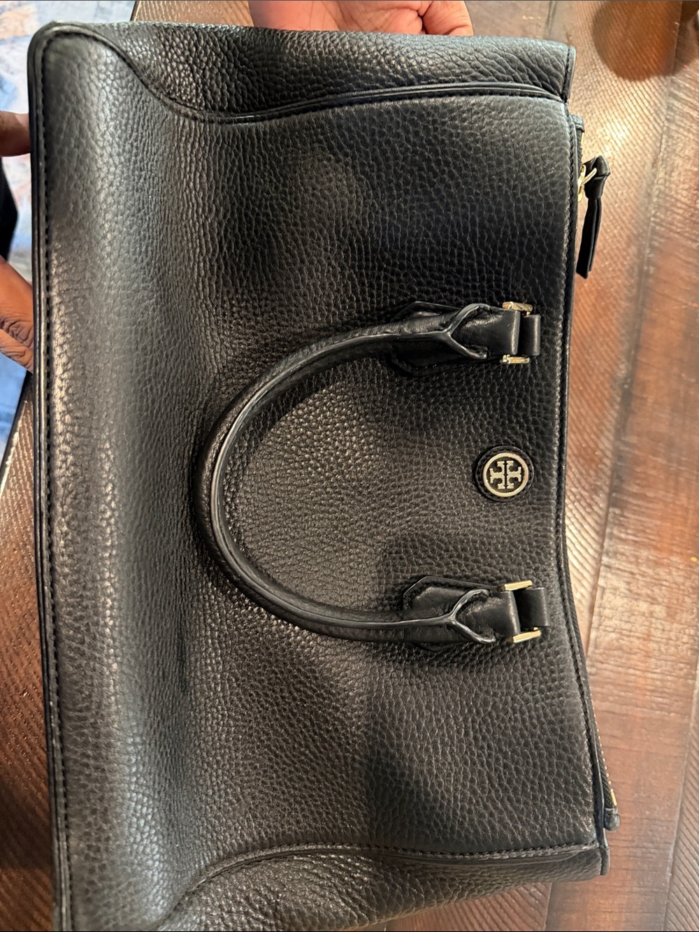 Tory Burch Black Pebbled Leather Top-Handle Satchel with Gold Logo